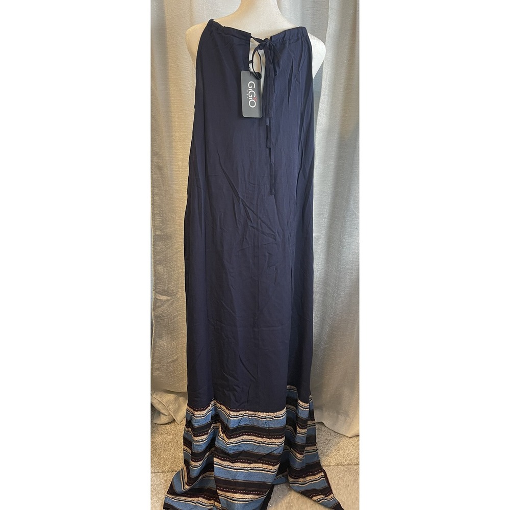 GiGiO Blue Striped Maxi Dress Halter Neck Side Slit Sundress Boho NWT S - Picture 4 of 6